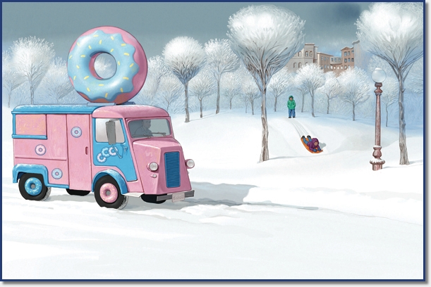 Doughnut truck driving throug snowy town.