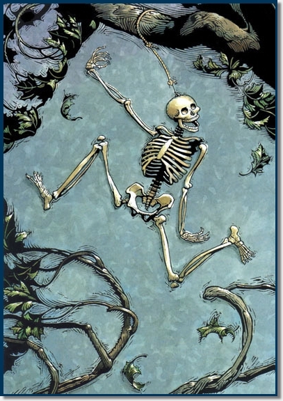 skeleton hanging from tree