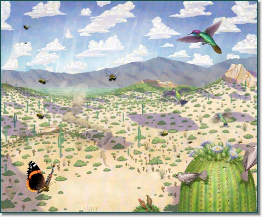 Desert Field with birds, bees and butterflies flying all over.