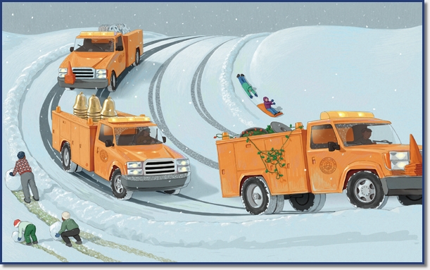 three big orange trucks hauling lights and bells.