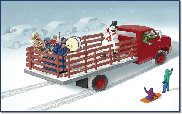 Flat bed truck carrying snowman and band.