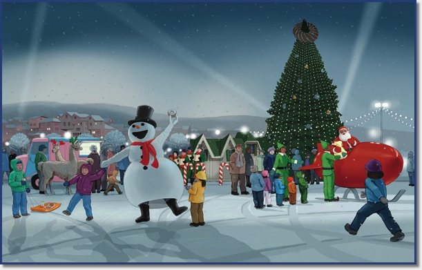 Christmas scene with dancing snowman.