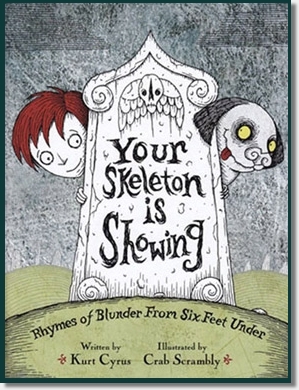 small boy and dog peeking out from behind tomb stone